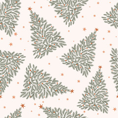 Seamless pattern, digital paper repeating background for fabric, wallpaper, wrapping paper and surface design with chistmas tree and stars