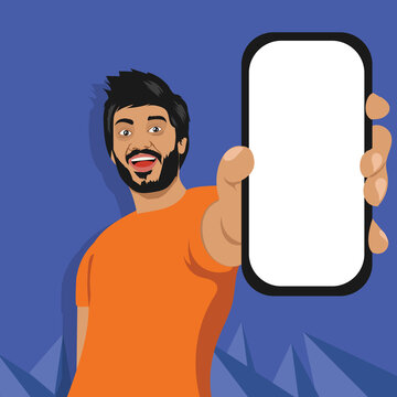 Excited man showing the phone vector illustration