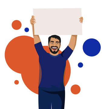 Happy man showing whiteboard above his head vector illustration