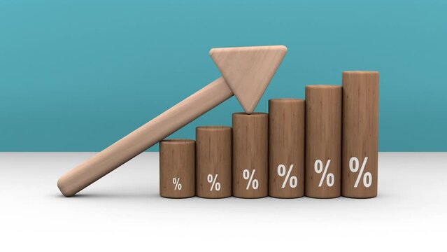 An upward wood arrow surrounded by numerous cylinder  with an embossed percent sign to illustrate the concept of high interest rate.