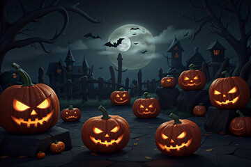 cemetery halloween night evil house and pumpkin