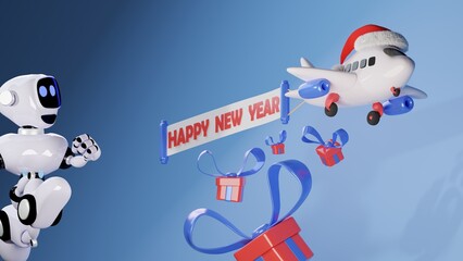 3d running robot and airplane with Santa hat and gifts against blue background. 3d illustration highly usable. 3d robot character. Copy space. Happy New Year, Christmas travel.