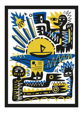 Abstract art in primitive neo-expressionism style for wall decoration and print