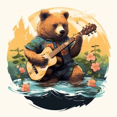 animal illustration of a chilled-out bear playing a ukulele, creating a whimsical and melodic