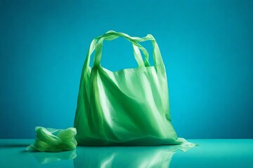 green plastric bag on blue
