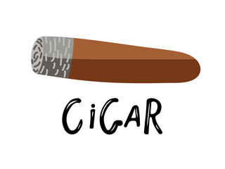 Cuban Cigar burning with ash isolated on white. Flat vector illustration. Addiction, harm to health, smoking kills concept. Cigar Icon. Design element for logo, emblem, sign, poster