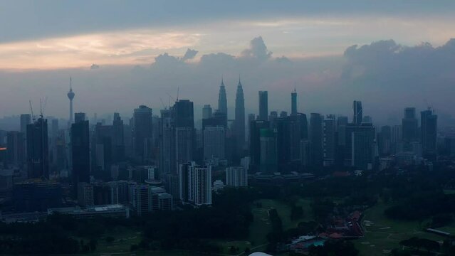 Kuala Lumpur city skyline sunset aerial view, Malaysia