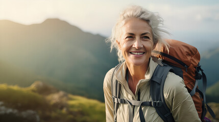 Portrait active senior woman hiking in the mountain with backpack, happy mature woman climbs to the top of the mountain with backpack - Powered by Adobe