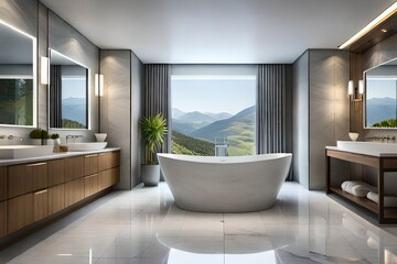 Fototapeta na wymiar Sleek grey marble bathroom with LED lighting