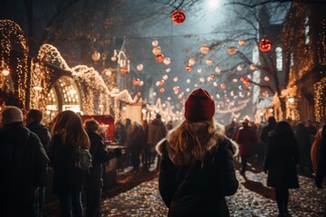 Rear view Woman in festival outdoor Christmas or new year celebration, Generate with Ai.