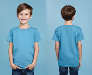 Front and back views of a little boy wearing a blue T-shirt