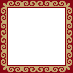 Vector red with gold Square Kazakh national ornament. Ethnic pattern of the peoples of the Great Steppe, Mongols, Kyrgyz, Kalmyks, Buryats. Square frame border..
