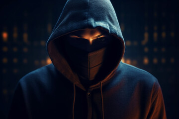 Portrait of a hacker in a black hoodie on a dark background