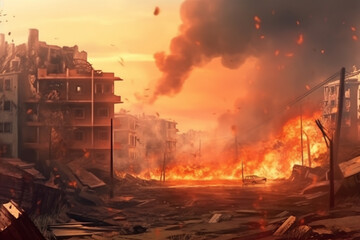Burning house in the village. Fire in the city at sunset.