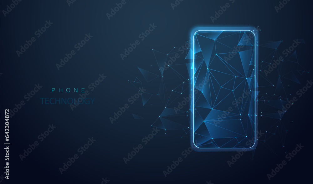 Poster smartphone blue touch screen display with low poly. mobile triangle polygonal design. connecting dot
