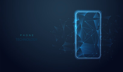 Smartphone blue touch screen display with low poly. Mobile triangle polygonal design. Connecting dots starry sky. Futuristic banner template concept. Vector phone illustration background.