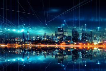 Smart city with internet network and high-rise buildings at night.