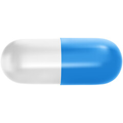 Blue white medical capsule pill. 3d realistic, pharmaceutical capsule, front view