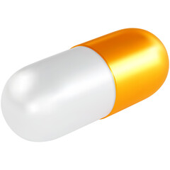 Gold white medical capsule pill. 3d realistic, pharmaceutical capsule, perspective view