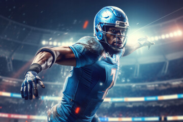American football player in action on stadium background. 3D rendering.