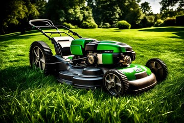 Artistic capture of a lawnmower set against a backdrop of lush green grass