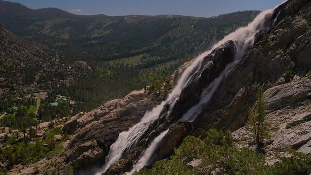Aerial view of horsetail falls in the High Sierra at June Lake loop