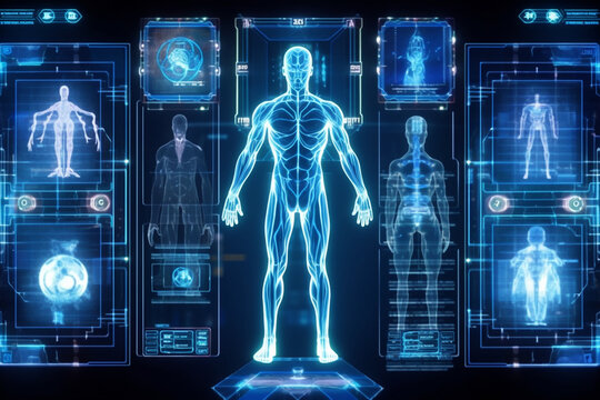 Digital x ray image of human body against blue background with vignette
