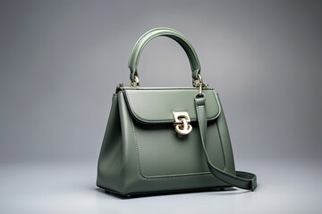 Women leather green handbag on gray background.