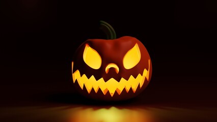 Creative 3d character of glowing Halloween pumpkin against black background. Minimal concept. 3d illustration highly usable. 3d Halloween design.