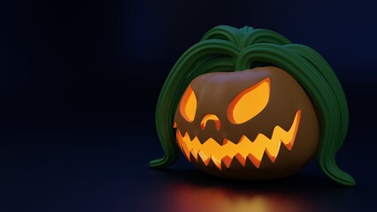 Creative 3d character of glowing Halloween pumpkin against black background. Minimal concept. 3d illustration highly usable. 3d Halloween design.