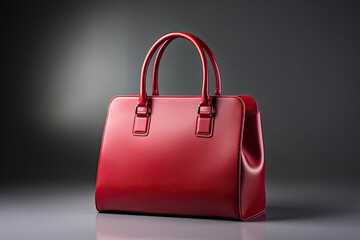 Women leather red, handbag on gray background.