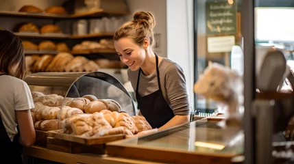 Foto auf Acrylglas Bäckerei Happy woman working in modern bakery shop. Smiling young woman standing with fresh bread at her bakery shop