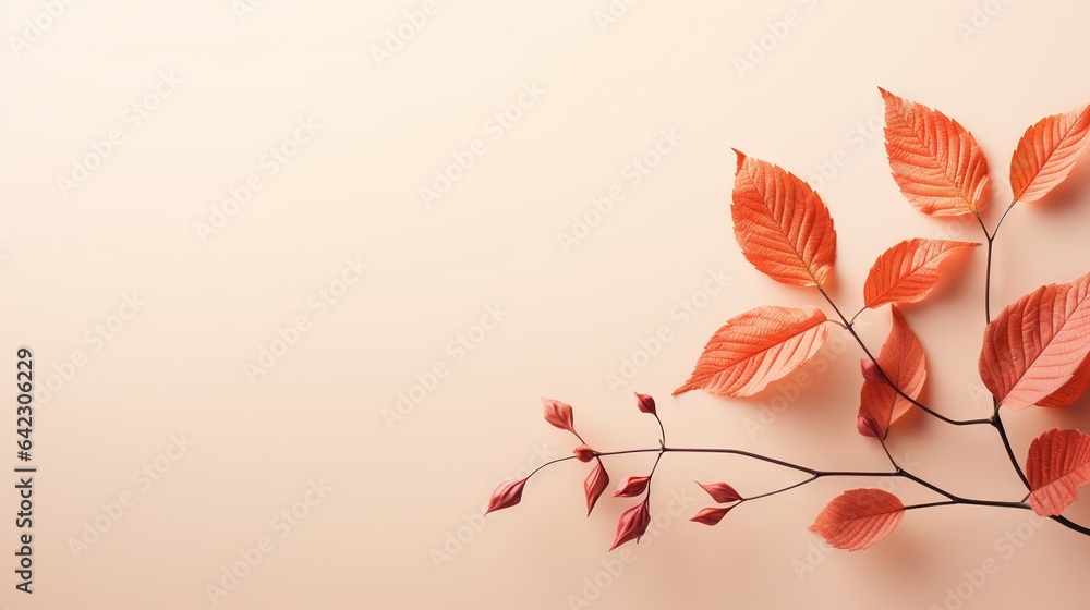 Poster a branch of a tree with red leaves on a pink background. generative ai