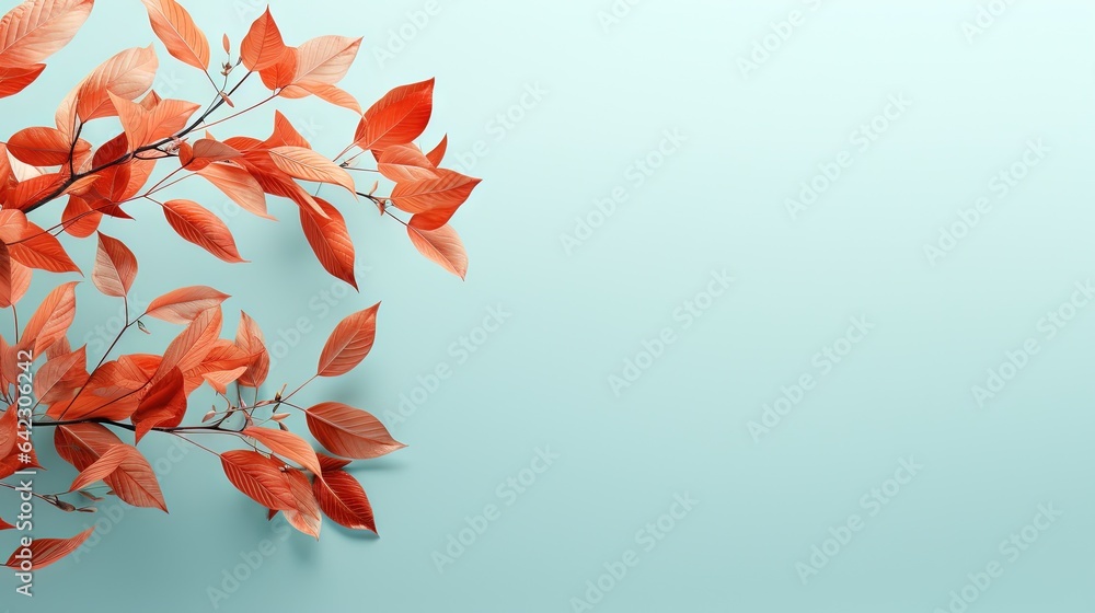 Poster a branch of a tree with red leaves on a blue background. generative ai