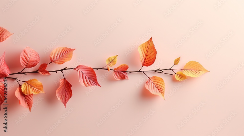 Poster a branch of a tree with leaves on a pink background. generative ai