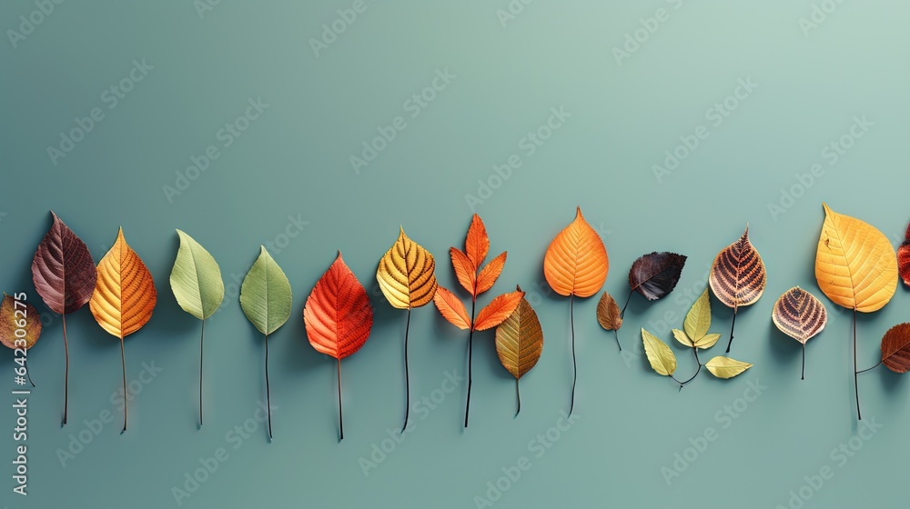 Poster a row of different colored leaves on a blue background with a green background. generative ai