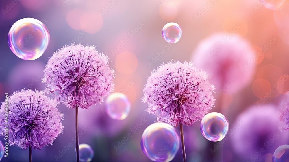 Poster a close up of a dandelion with bubbles in the air. generative ai