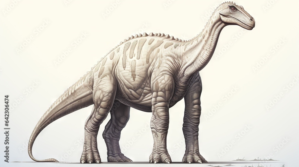 Poster a drawing of a dinosaur standing in a field of grass. generative ai