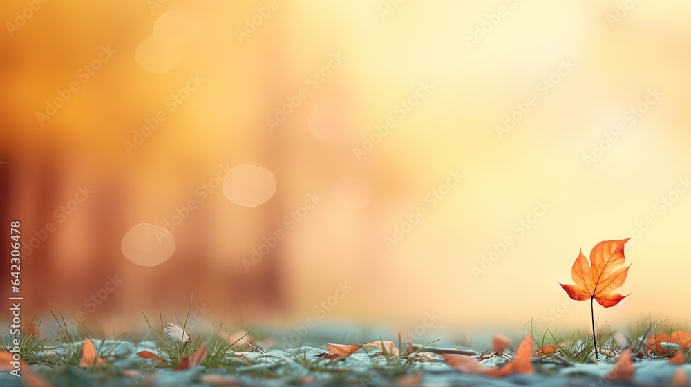 Poster a single leaf on a patch of grass in a park. generative ai
