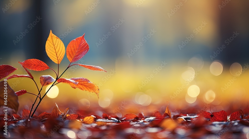 Poster a small tree with red leaves in a field of leaves. generative ai