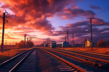 Fototapeta na wymiar Railway at sunset. Railway tracks on a background of blue sky.