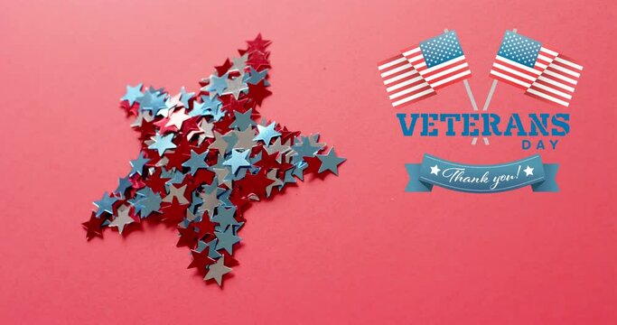 Animation of veterans day text and star with flags of united states of america