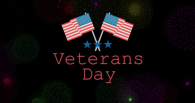 Animation of veterans day text and stars over flags of united states of america