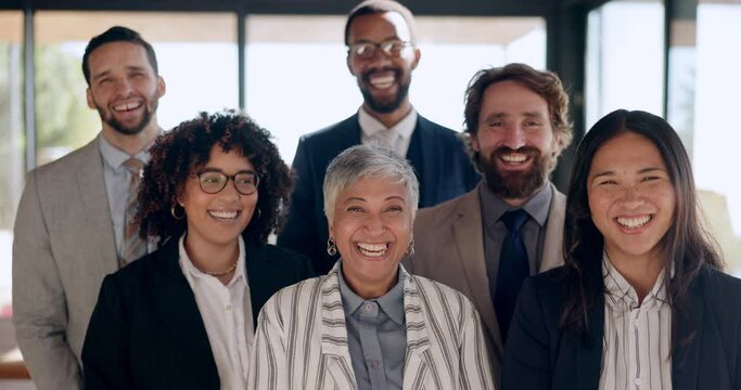 Business people, laughing and professional team portrait in office with confidence, diversity and trust. Funny corporate men and women group for collaboration, commitment and company management