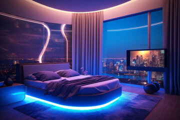 Luxury bedroom interior with night city view, neon lights 3D rendering