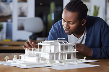 Professional male architect looking at a 3D printed model of a real building in office, architect examining architectural model