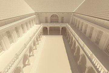 Luxury palace entrance in medieval Italian style. Inspired from Bologna city architecture, clay 3d render - 642306860