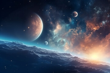Fototapeta na wymiar Planets and galaxy, science fiction wallpaper. Beauty of deep space