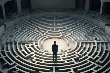 Businessman standing in a middle of a labyrinth. 3D rendering