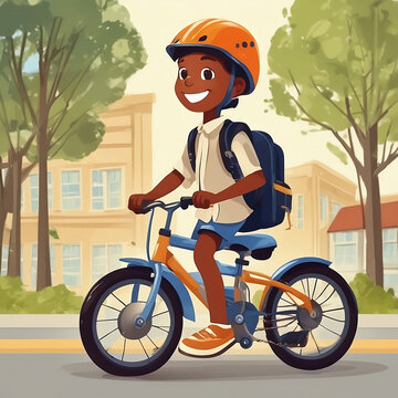 Happy ethnic child schoolboy in a helmet and with a briefcase rides a bike to school.